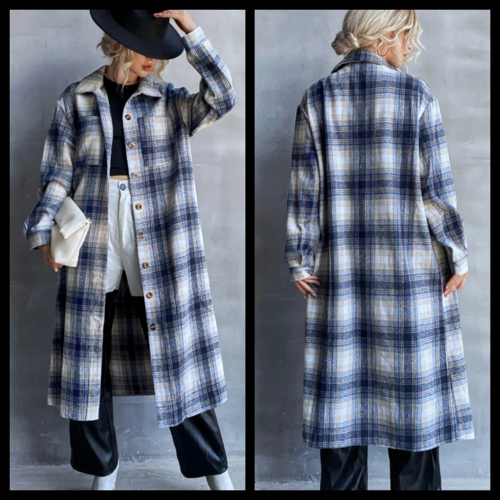 Blue Plaid Long Coat Large NWOT - Picture 1 of 3